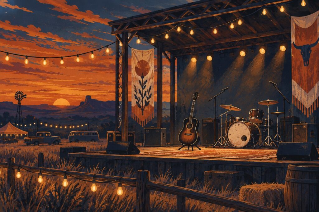 Illustrated guitar and drum kit on an imagined outdoor festival stage at dusk.