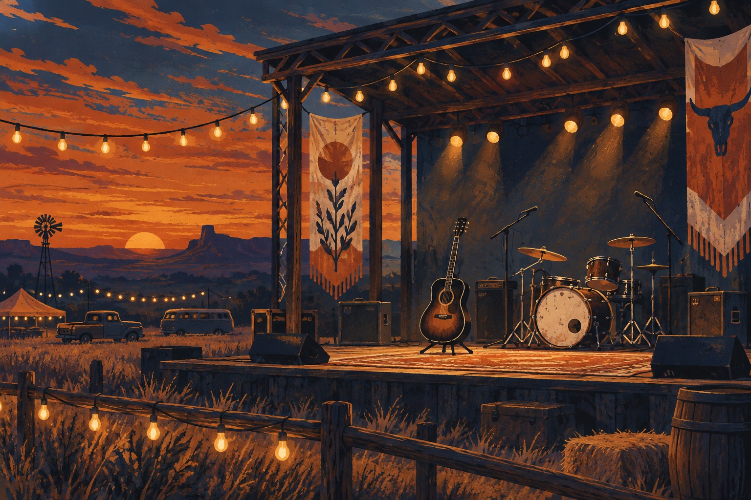 Illustrated guitar and drum kit on an imagined outdoor festival stage at dusk.