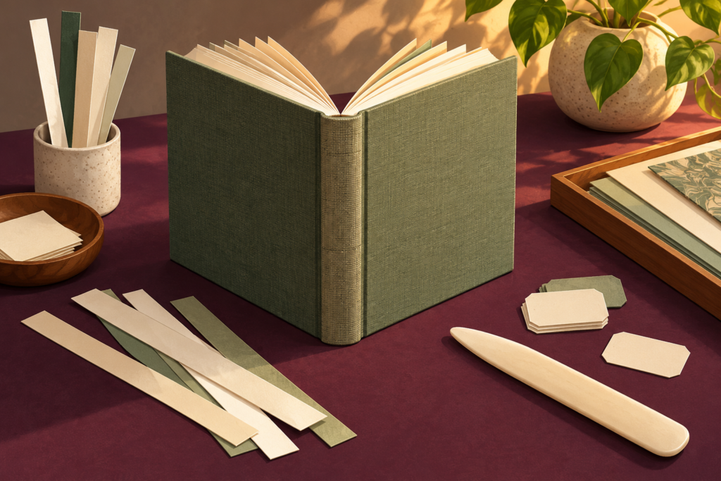 Conceptual illustration of an open clothbound book and repair materials