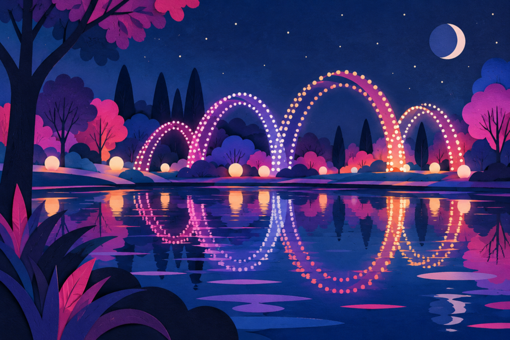 Imaginary illuminated arches reflected in a park pond at night
