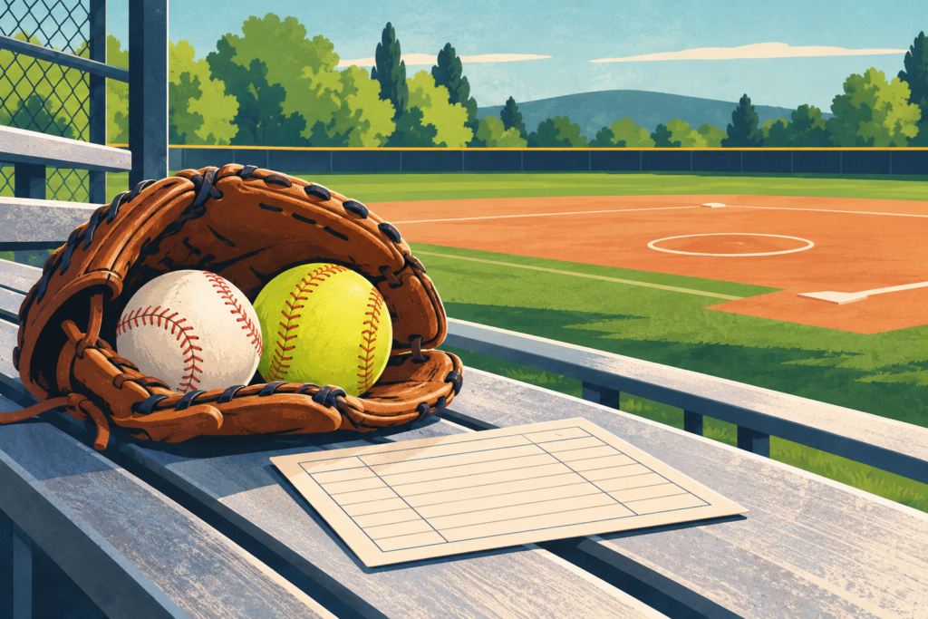 Illustrated baseball, softball and glove beside a blank schedule card