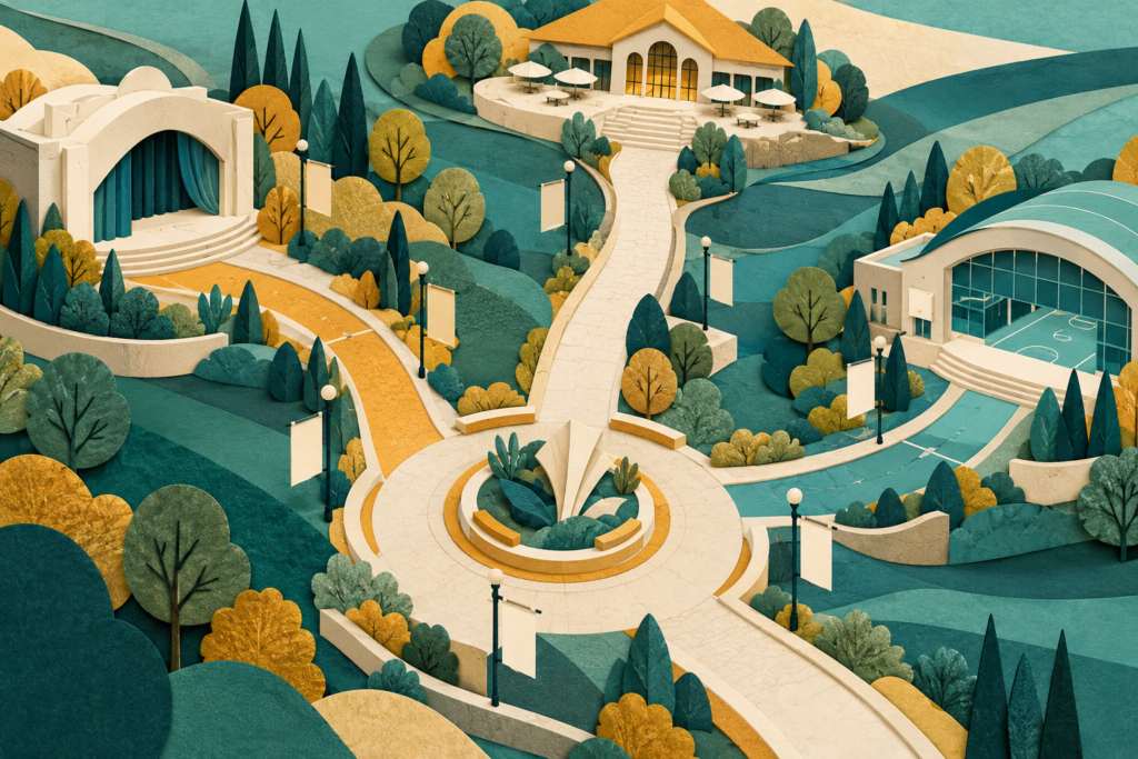 Imaginary campus paths leading to dining, theatre and sports buildings